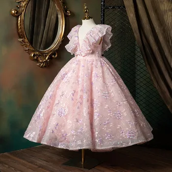 Çocuk Düğün Nedime Elbiseler Çiçek Pembe Kız Elbise Çocuklar Prenses Balo elbisesi Genç Kız Performans Butik Giyim