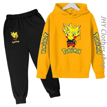 Çocuklar Sonbahar ve Kış Sıcak Hoodie Kazak Pikachu Giysileri Pokémon Erkek ve Kız Üst / Pantolon 2P Ceket Spor Rahat Sevimli Seti