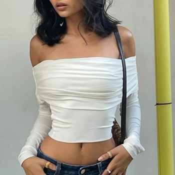 Şık Kadınlar Seksi Kapalı omuz T-shirt bahar uzun kollu elbise Slim Fit Kırpma Üst Y2K Vintage Harajuku Beyaz Tees Zarif Kadın Giysileri